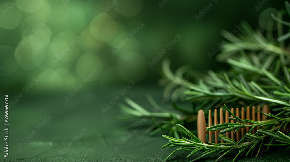 A wooden comb, rosemary on an olive background with copy space. Hair care concept.