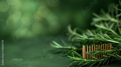 A  wooden comb, rosemary on an olive background with copy space. Hair care concept.