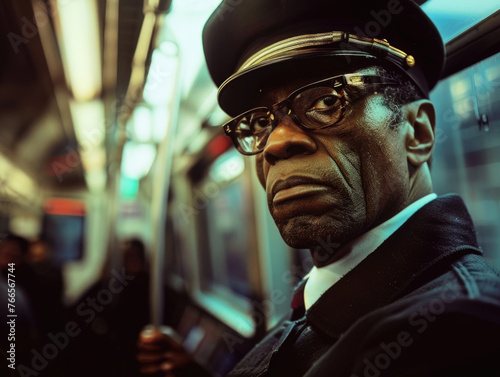 A man in a uniform is standing on a subway train. He is wearing a hat and glasses