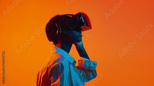 A young person wearing virtual reality (VR) headset. VR headset, future technology, woman using VR glasses in orange color background. woman in vr glasses. back to future. metaverse.