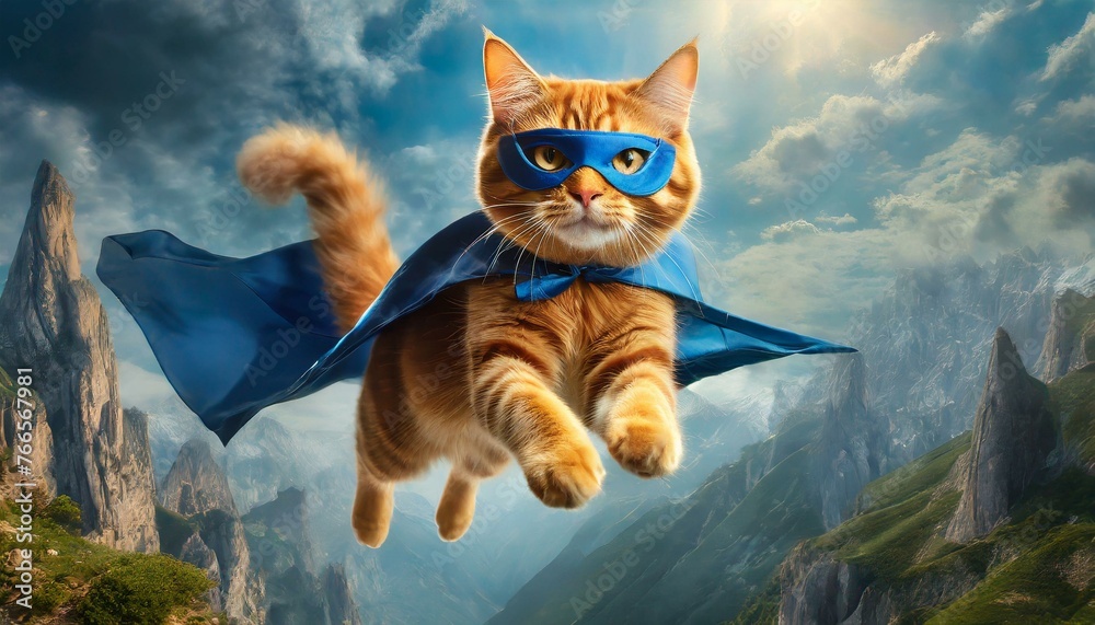 Obraz premium superhero cat, Cute orange tabby kitty with a blue cloak and mask jumping and flying on light blue background with copy space. The concept of a superhero, super cat, leader, funny animal studio shot
