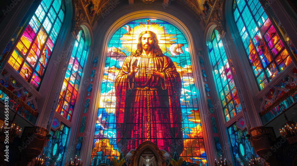 A vibrant stained glass window depicting Jesus Christ in a majestic and holy style,generative ai