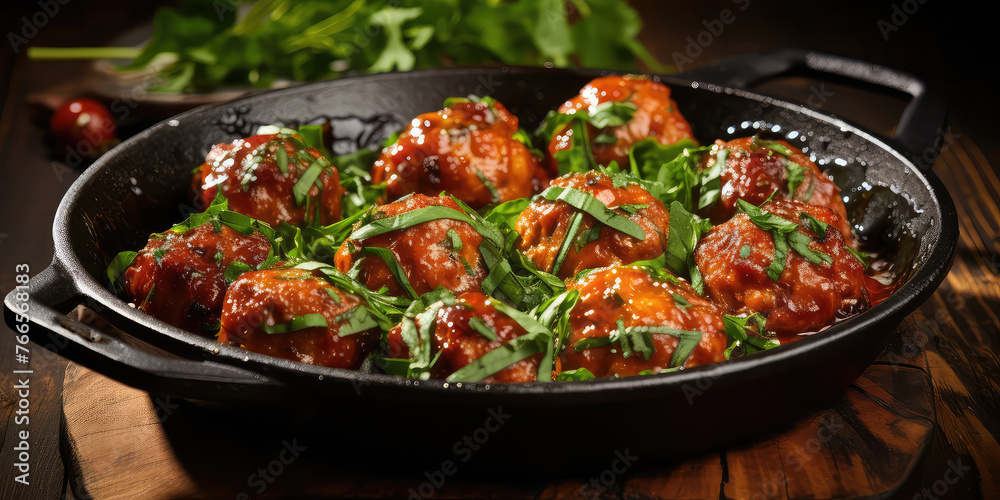 Savory Delight: Juicy Meatballs Simmered in Tomato Sauce with Herbs, Served in an Iron Pan on a Rustic Wooden Table for a Homely Touch