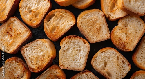 Bread slices or whole bread rusks pieces of fresh bread pile, whole wheat toast slices, top view, isolated on a black background - Generative AI photo
