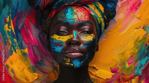 A woman with a colorful face paint and a colorful scarf on her head