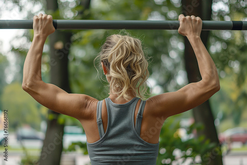 Woman Performing Pull Ups on Bar in Urban Park