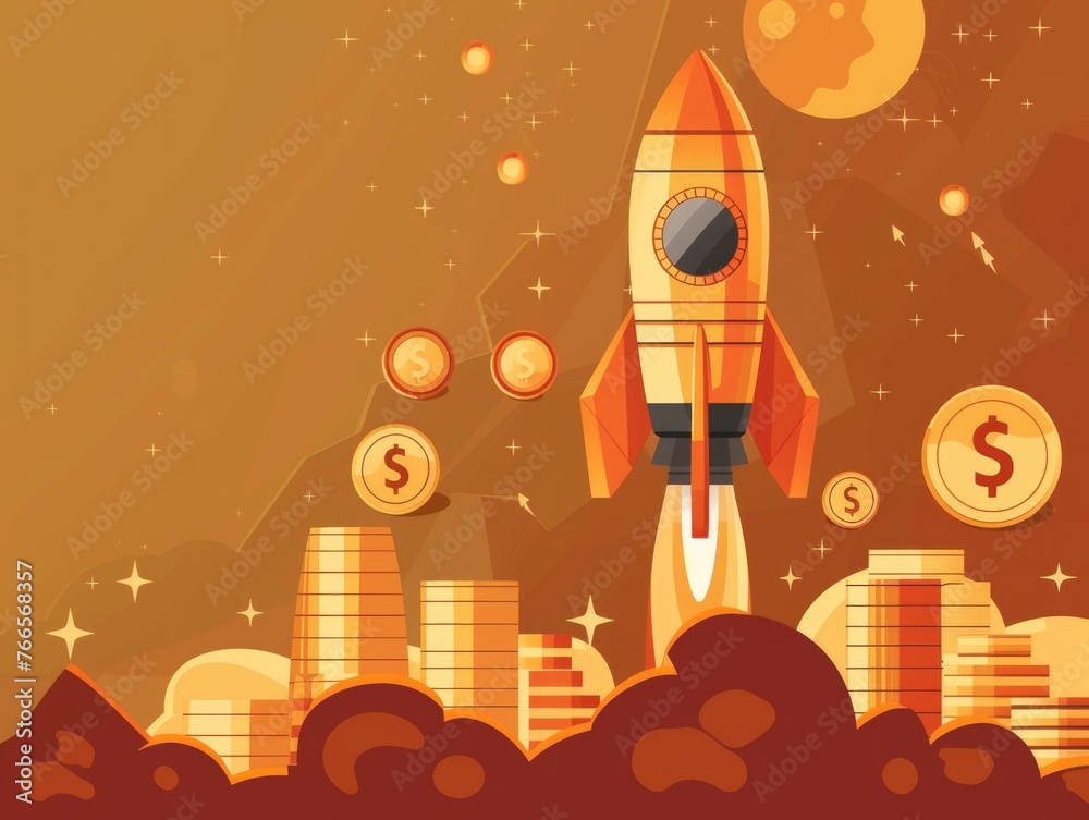 A rocket is flying through the sky with a pile of money and coins surrounding it. Concept of wealth and success, as the rocket represents progress and the money and coins symbolize financial gain A rocket is flying through the sky with a pile of money and coins surrounding it. Concept of wealth and success, as the rocket represents progress and the money and coins symbolize financial gain