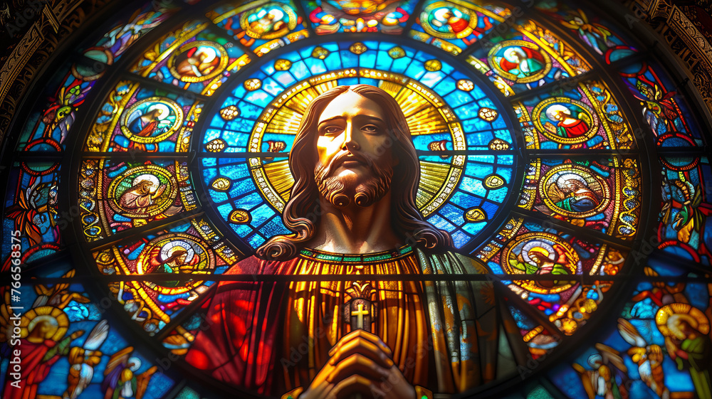 A vibrant stained glass window depicting Jesus Christ in a majestic and holy style,generative ai