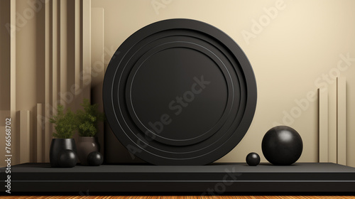 Black product background stand or podium pedestal on advertising with black background


