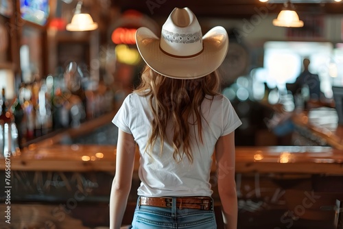 Western-themed mockup template featuring a cowgirl in a white t-shirt and cowboy hat at a bar. Concept Western Theme, Cowgirl, White T-Shirt, Cowboy Hat, Bar Atmosphere