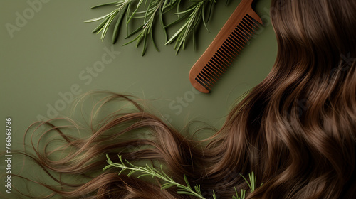 A strand of long hair, a wooden comb, rosemary on an olive background with copy space. Hair care concept.