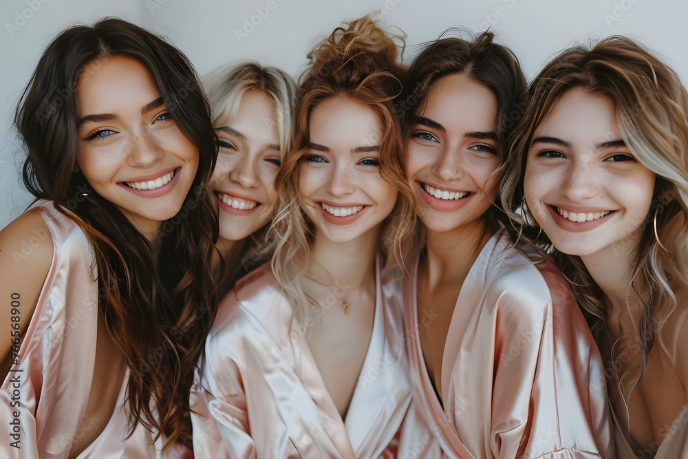 Women in matching silk robes at a bachelorette party smiling and posing for a photo. Concept Bachelorette Party, Matching Silk Robes, Portrait Photography, Smiling Faces, Posed Group Photo Women in matching silk robes at a bachelorette party smiling and posing for a photo. Concept Bachelorette Party, Matching Silk Robes, Portrait Photography, Smiling Faces, Posed Group Photo