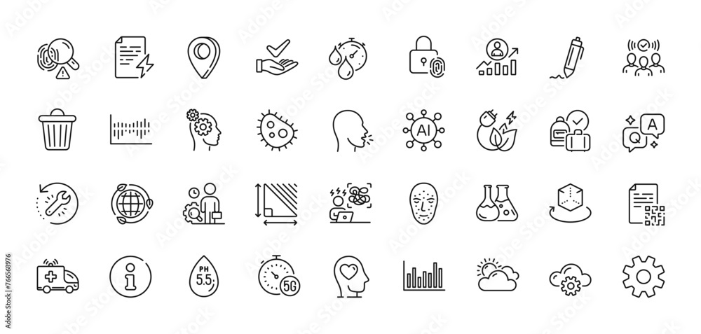 Trash bin, Mental health and Chemistry lab line icons pack. AI, Question and Answer, Map pin icons. Eco energy, Augmented reality, Service web icon. Vector