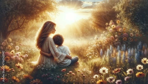 Silhouette of a mother and child enjoying a tranquil sunset amidst a blooming meadow