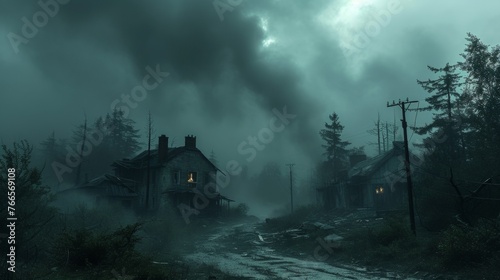 Derelict houses emerge from the fog in a haunting rural scene, the eerie glow from a lone window suggests a mysterious tale amid the dilapidation