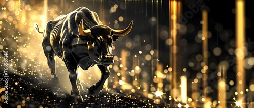 Bull financial infographic stock market chart bull market award in gold and black color with copy space area as wide banner. Generative AI
