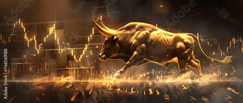 Bull financial infographic stock market chart bull market award in gold and black color with copy space area as wide banner. Generative AI photo