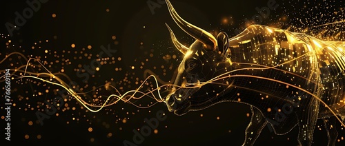 Bull financial infographic stock market chart bull market award in gold and black color with copy space area as wide banner. Generative AI photo