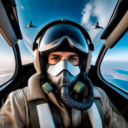 Fighter pilot inside the cockpit in mid-flight