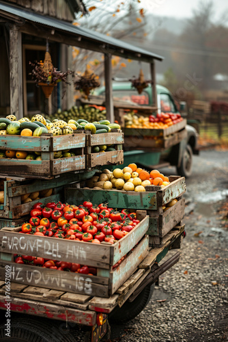 Vintage Farm Truck Loaded with Fresh Harvest. Rustic Vegetable Market on Wheels
