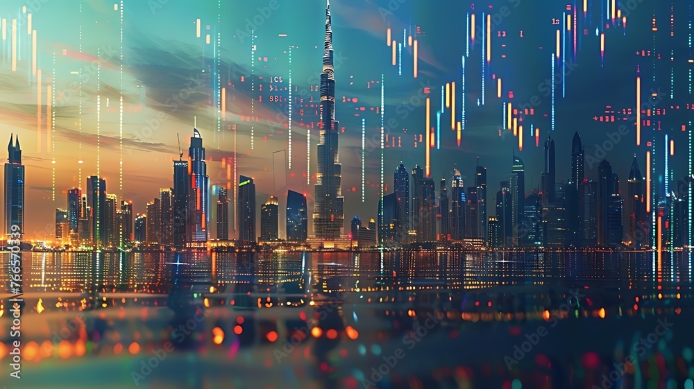 Illuminated Burj Khalifa with data or candlestick stock market charts overlay at twilight. Illuminated Burj Khalifa with data or candlestick stock market charts overlay at twilight.
