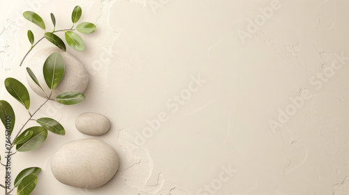 Calm white setting with stones and green leaves.