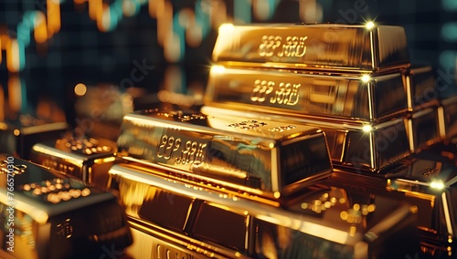 Gold bullion against stock market charts. Gold market financial data price rate shown through candlestick charts, Gold bullion business investments & assets. Digital gold stock.