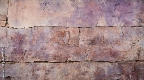 Textured background of rough uneven surface of brown and purple stone wall with cracks, Natural travertine marble in warm tones, Abstract marble texture background for design.