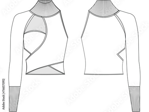 ribbed raglan turtleneck sleeveless one shoulder low-cut sweater blouse template technical drawing flat sketch cad mockup fashion woman design style model
