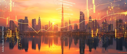 UAE. Dubai economy, Illuminated data or candlestick stock market charts overlay Burj Khalifa at twilight. Country's economy profits, zero% tax rate, financial analytics, Stock market, trading graphs.