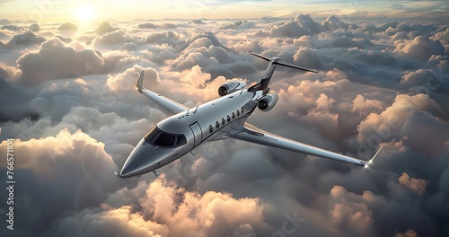 Private Jet Airplane In The Sky: White Luxury generic design private jet flying over the earth. Empty blue sky with white clouds background. Business Travel Concept.