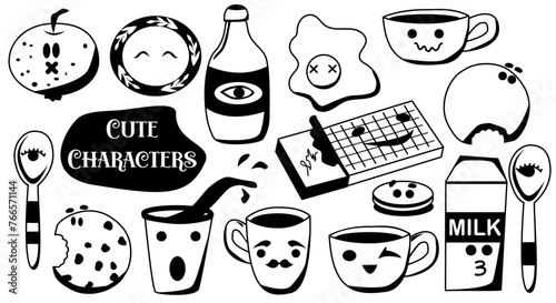 Cute characters set. Yummy food. Milk, cookies, cup, mug, chocolate. Baby print. Vector bw illustration. Doodles for kids. Perfect for printing on the fabric, design package and cover