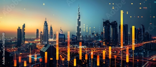 UAE. Dubai economy, Illuminated data or candlestick stock market charts overlay Burj Khalifa at twilight. Country's economy profits, zero% tax rate, financial analytics, Stock market, trading graphs.