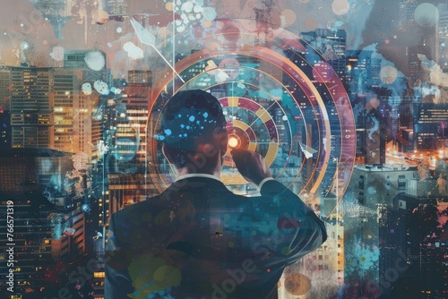 Businessman holding a dart aiming at the target - business targeting, aiming, focus concept. 