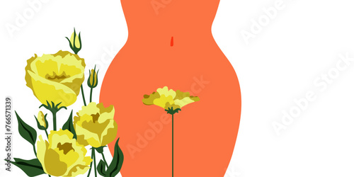 Women's health. Female hips. Bikini line. Abstract flowers. The topic of female intimate depilation and hygiene. Vector illustration. Place for text	