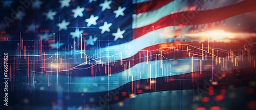 Abstract virtual financial technical graph hologram on USA flag and cityscape background, forex and investment concept. Global economy, stock exchange. Multiexposure. photo