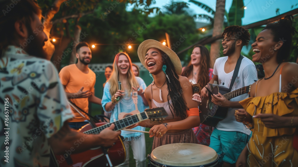 A diverse group of friends were having fun at a backyard party, dancing and laughing together outdoors in the evening light A diverse group of friends were having fun at a backyard party, dancing and laughing together outdoors in the evening light