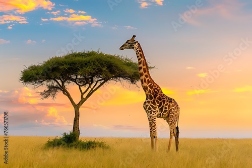 Wild giraffe reaching with long neck to eat from tall tree in African Savanna under dramatic, colorful sunset sky.