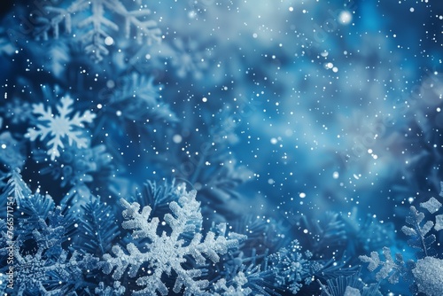 Blue Sparkling Winter Wonderland Background, Snow, Snowflakes, Bokeh, Horizontal Christmas Illustration.  Generative AI.
