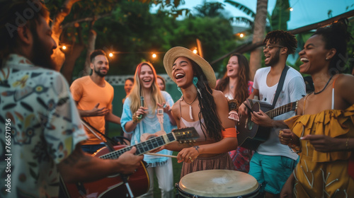 A diverse group of friends were having fun at a backyard party, dancing and laughing together outdoors in the evening light