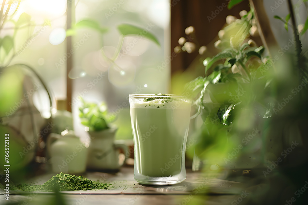 Glass of modern matcha latte in a trendy cafe or coffee shop, frothy milk foam, vegan almonds milk Glass of modern matcha latte in a trendy cafe or coffee shop, frothy milk foam, vegan almonds milk