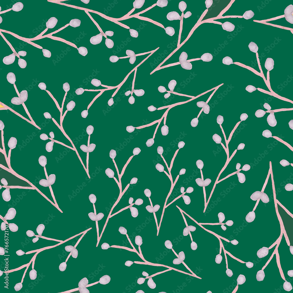 seamless pattern watercolor drawing plant elements branches on a green background basis for creativity