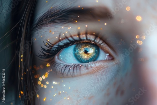 Close-up focus on the eye of a young woman looking straight ahead, with a glittering lights effect. 