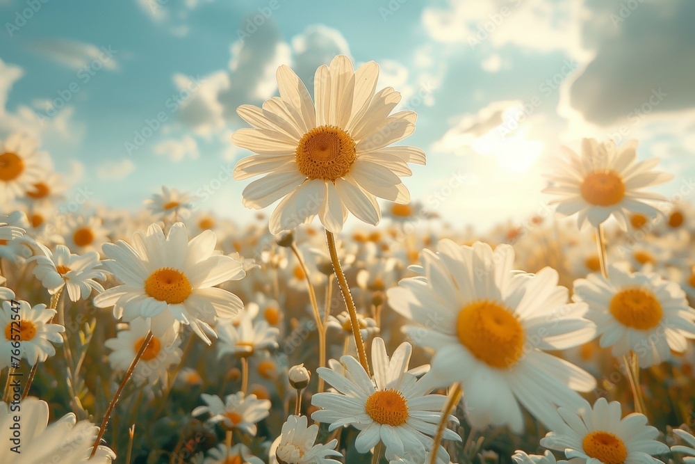 A field of white daisies with the sun shining on them