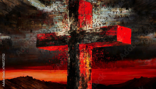 dramatic wooden cross in red, brown, black, gray, yellow, with distant hills