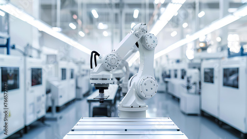 robot arm in white modern factory, white room photo