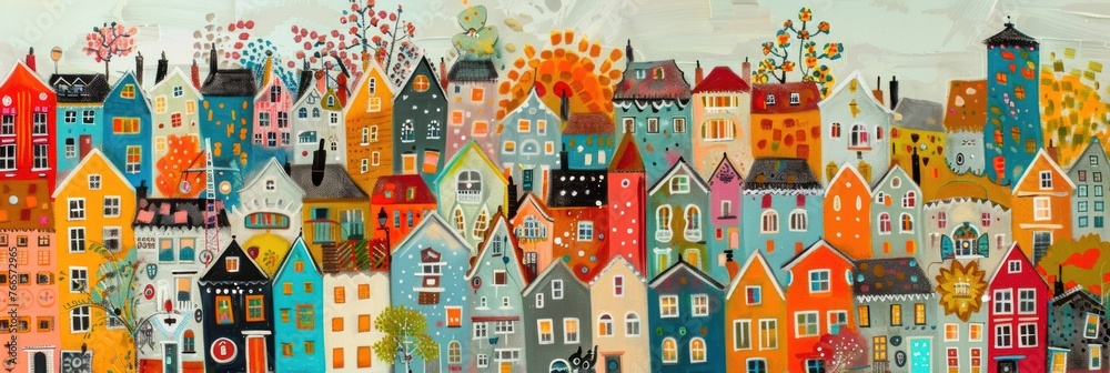 Obraz premium A painting of a colorful neighborhood with a mix of tall and short houses, trees, and clocks.