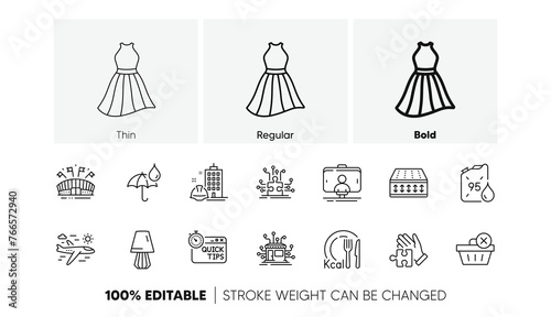 Petrol canister, Delete purchase and Table lamp line icons. Pack of Calories, Selfie stick, Waterproof umbrella icon. Flexible mattress, Distribution, Airplane travel pictogram. Puzzle. Vector