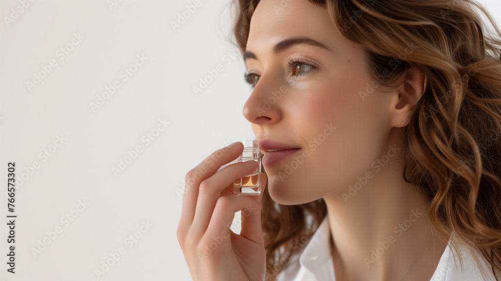 A beautiful girl with natural makeup and natural appearance holds a skin care product in her hands. Portrait on a white background. Skin care concept.