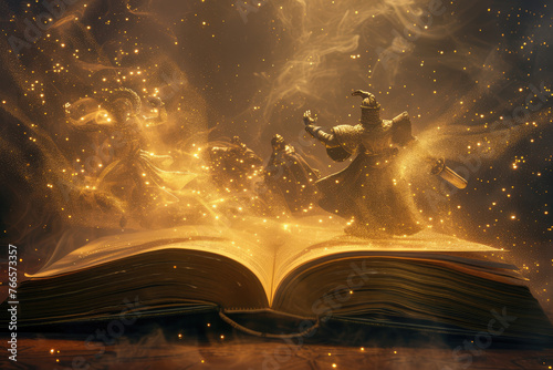 An open book unleashes a magical swirl of golden sparkles and mystical creatures, bringing stories to life in a fantastical display.